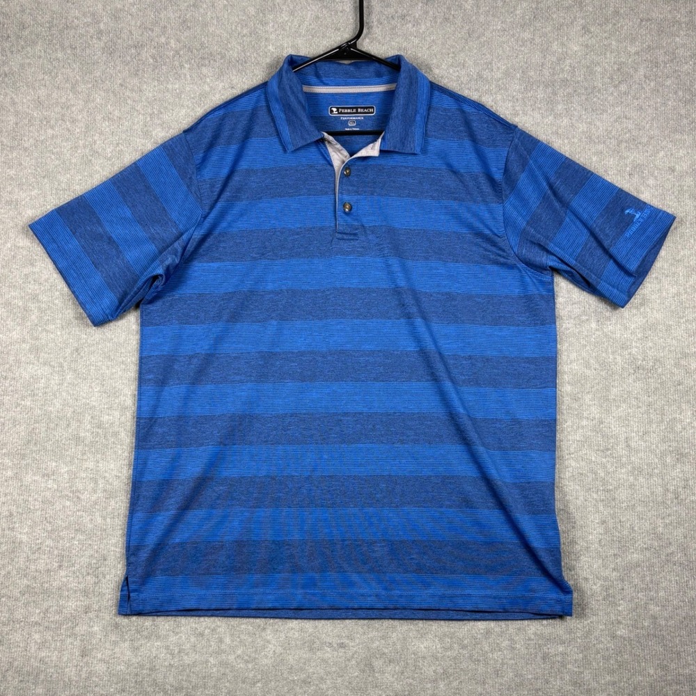 Pebble Beach Performance Polo Shirt Blue Striped Short Sleeve XL Mens